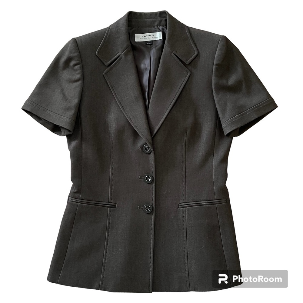Tahari ASL Blazer Shirt Jacket Chocolate Brown Short Sleeve Size 2 Like New